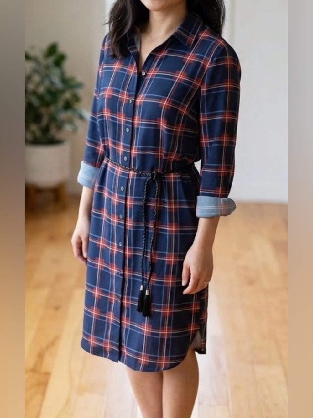 Tristan Navy and Red Plaid Button-Front Midi Dress